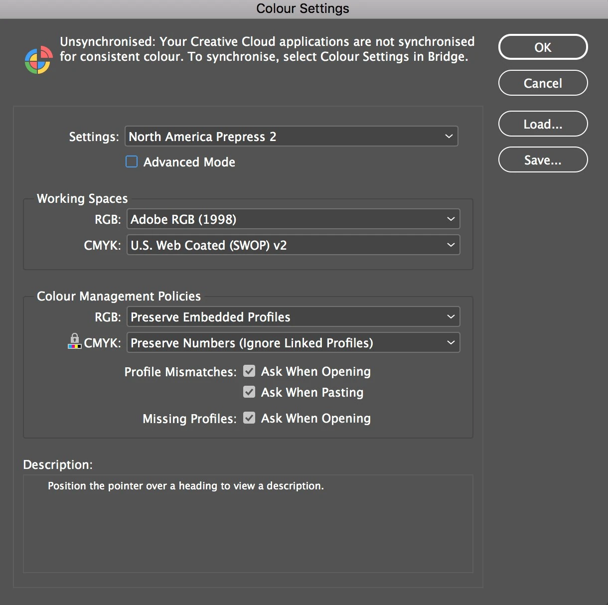 Colour Settings dialog set to North America Prepress 2, with Adobe RGB (1998) and U.S. Web Coated (SWOP) v2 working spaces
