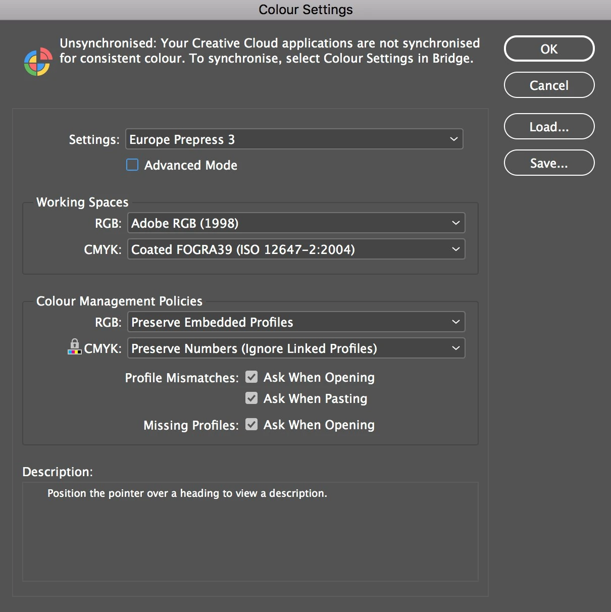 Colour Settings dialog set to Europe Prepress 3, with Adobe RGB (1998) and Coated FOGRA39 working spaces