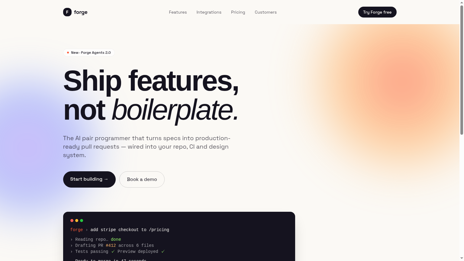 Forge — AI pair-programmer landing desktop