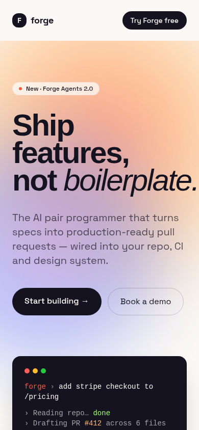 Forge — AI pair-programmer landing mobile