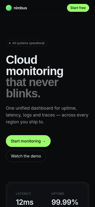 Nimbus — Cloud monitoring landing mobile